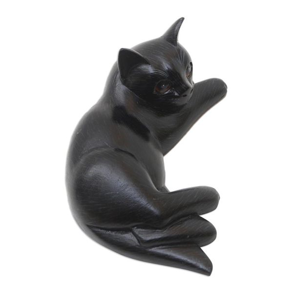 Alternate image for Suar Wood Black Cat Statuette Slinky Feline in Black