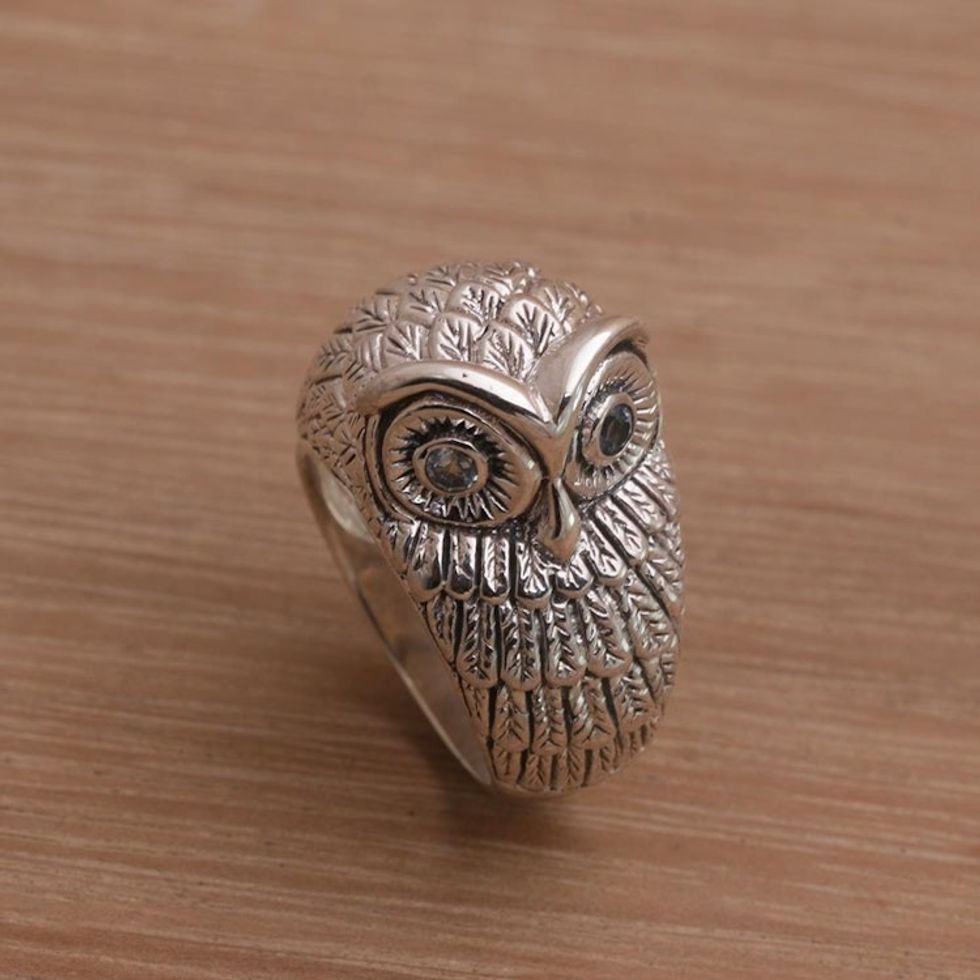 Bali Handmade Sterling Silver Owl Ring with Blue Topaz Eyes 'Gazing Owl'