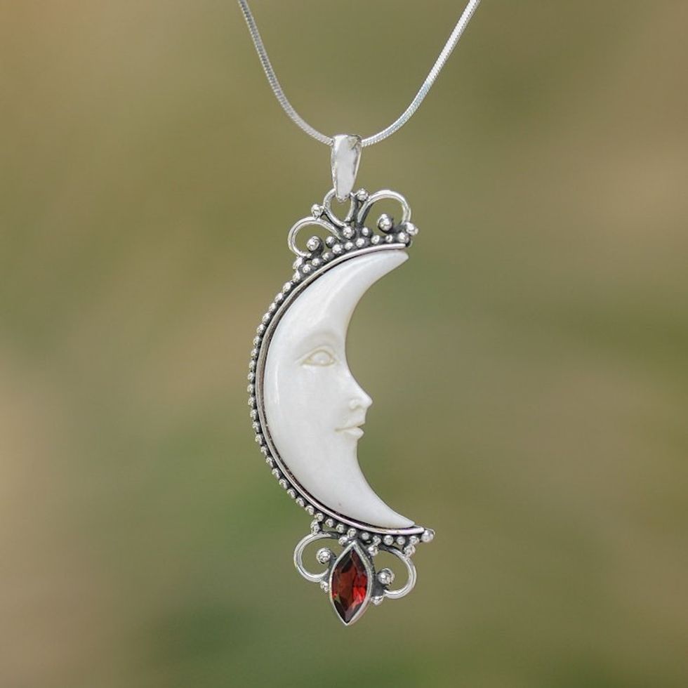 Garnet and Bone Crescent Moon Pendant Necklace from Bali 'Natural Moonlight'