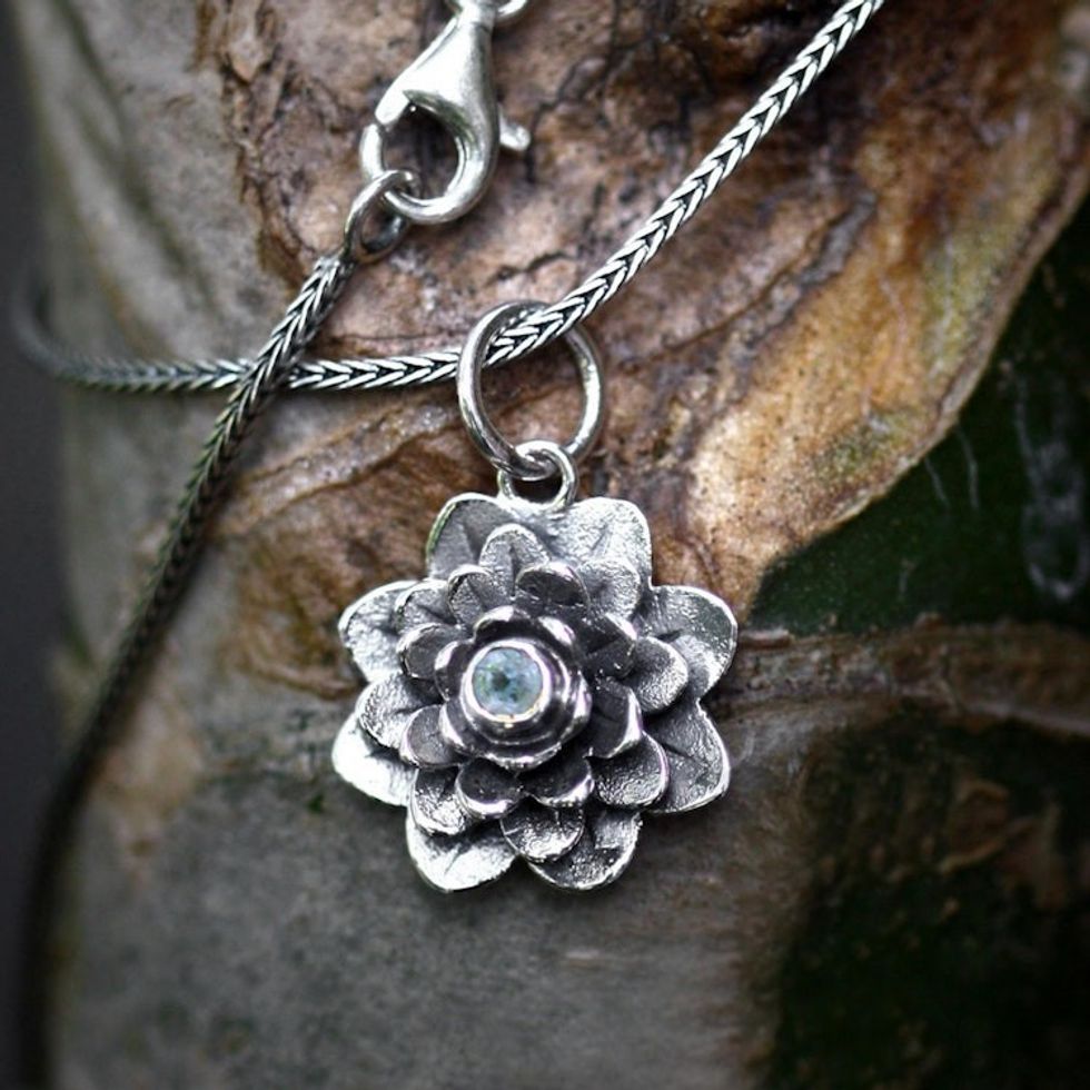 Blue Topaz and Sterling Silver Pendant Necklace 'Sacred Blue Lotus'
