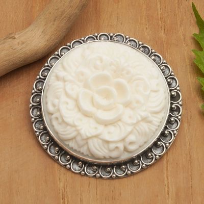 Alternate image for 925 Silver Brooch Pin and Pendant with Carved Flower Accent Classic Balinese