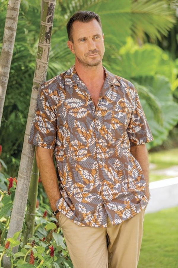 Alternate image for Mens Short-Sleeved Brown Cotton Batik Shirt from Bali Brown Leaf Shadows