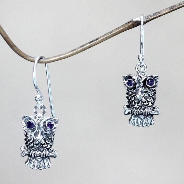 Alternate image for Sterling Silver and Amethyst Bird Earrings Baby Owl