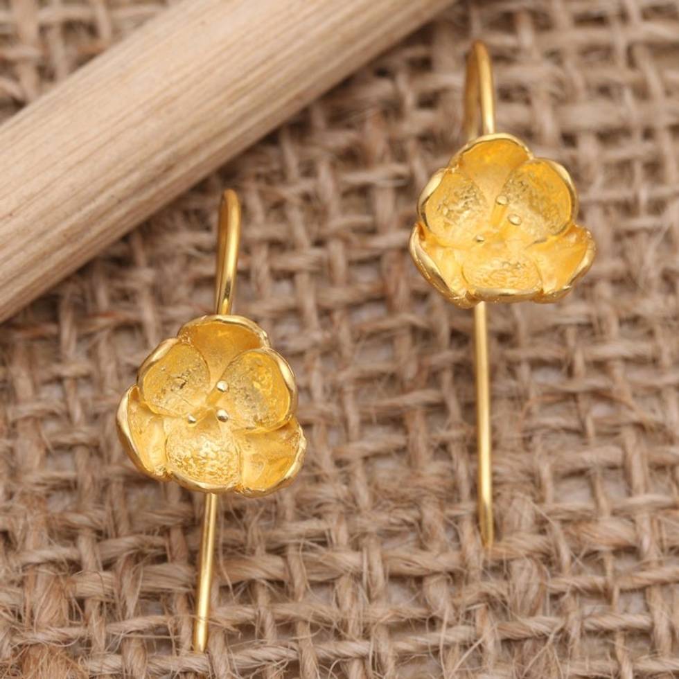 Artisan Crafted Gold-Plated Drop Earrings 'Pansy Flower'