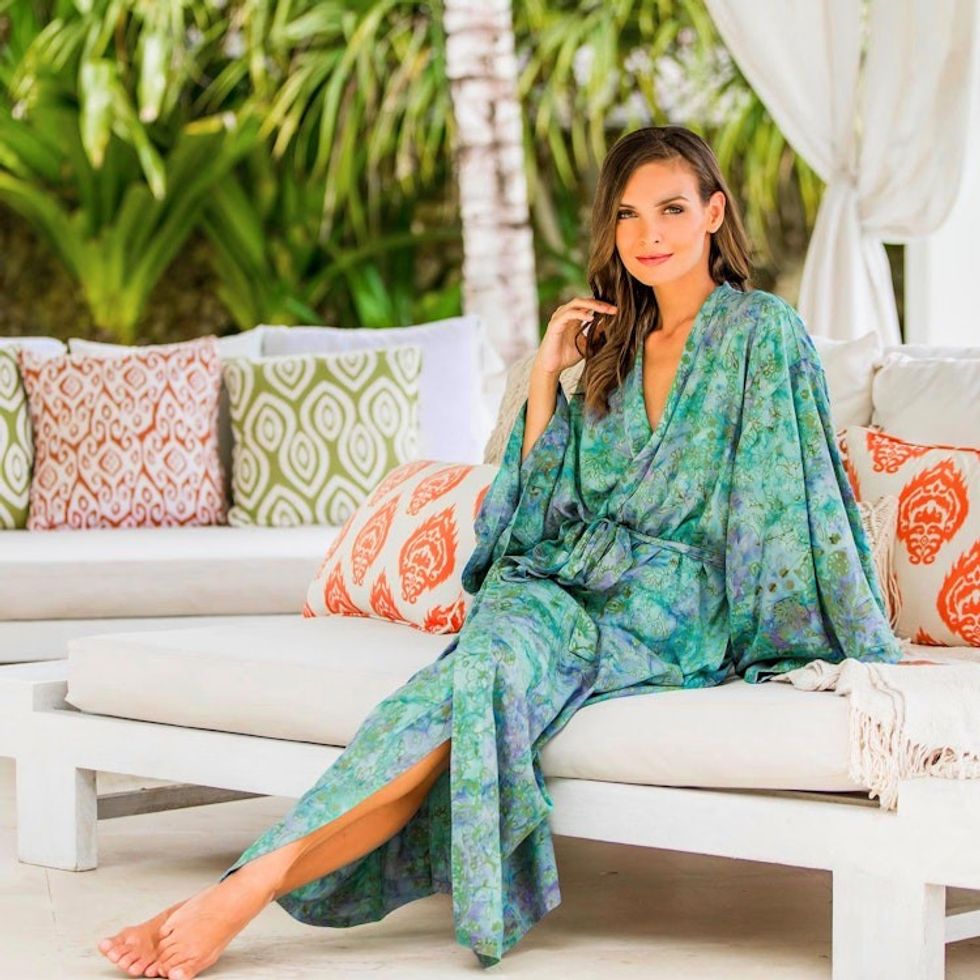 Artisan Crafted Women's Rayon Batik Robe 'Misty Javanese Forest'