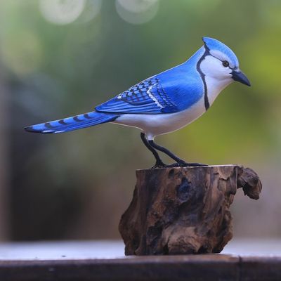 Alternate image for Hand-Painted Wood Blue Jay Sculpture from Bali Perched Blue Jay