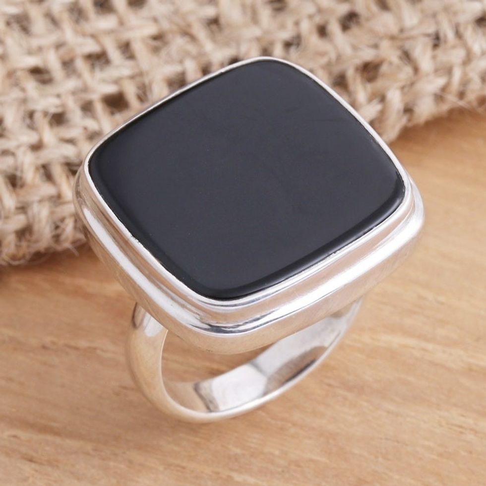 Square Black Onyx Cabochon Sterling Silver Cocktail Ring 'Black Tablet'