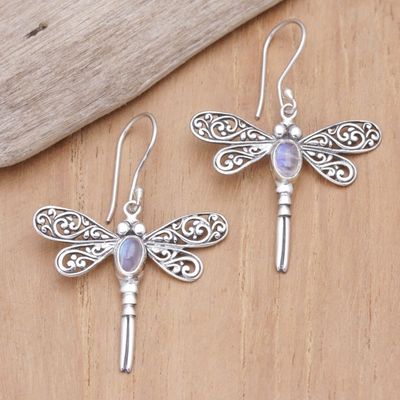 Alternate image for Rainbow Moonstone Dragonfly Dangle Earrings from Bali Harmony Prophecy
