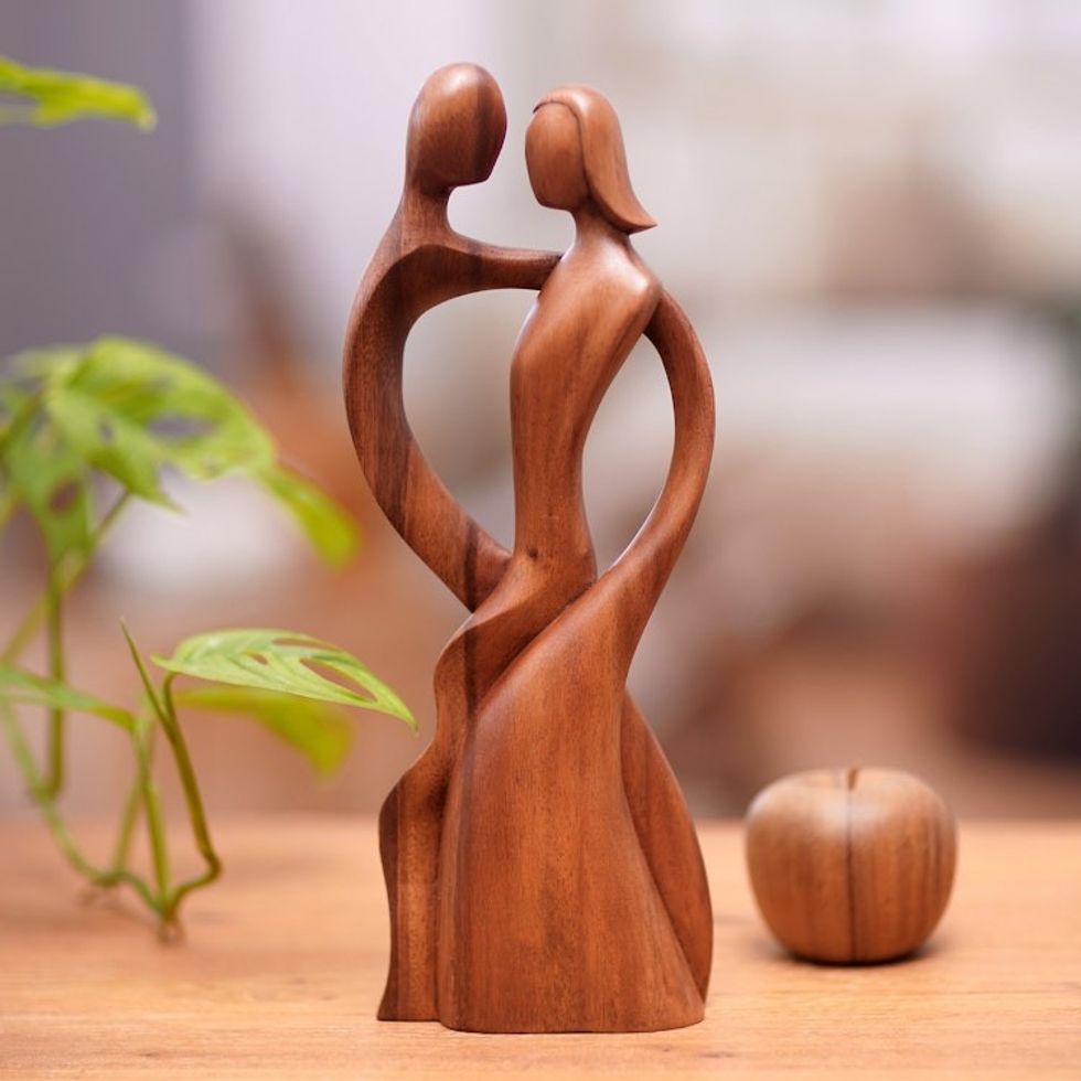 Hand-Carved Suar Wood Sculpture of a Dancing Couple 'Shadow Dance'