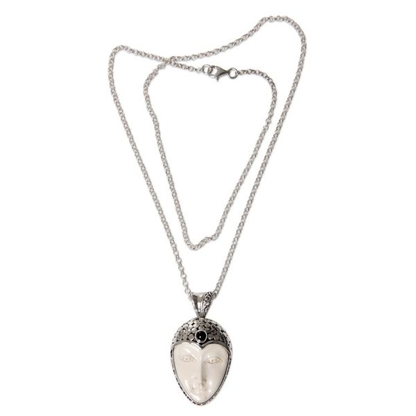 Alternate image for Balinese Pendant Necklace of Carved Bone, Garnet and Silver Lady Warrior