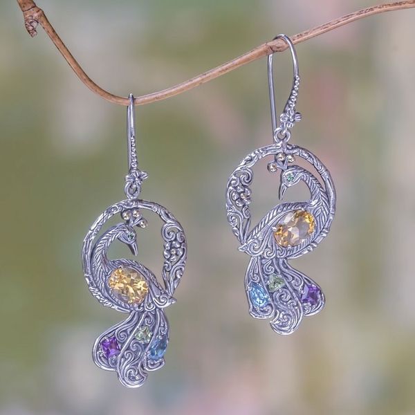 Alternate image for Multi-gemstone Gold Accented Silver Peacock Earrings Graceful Peacock
