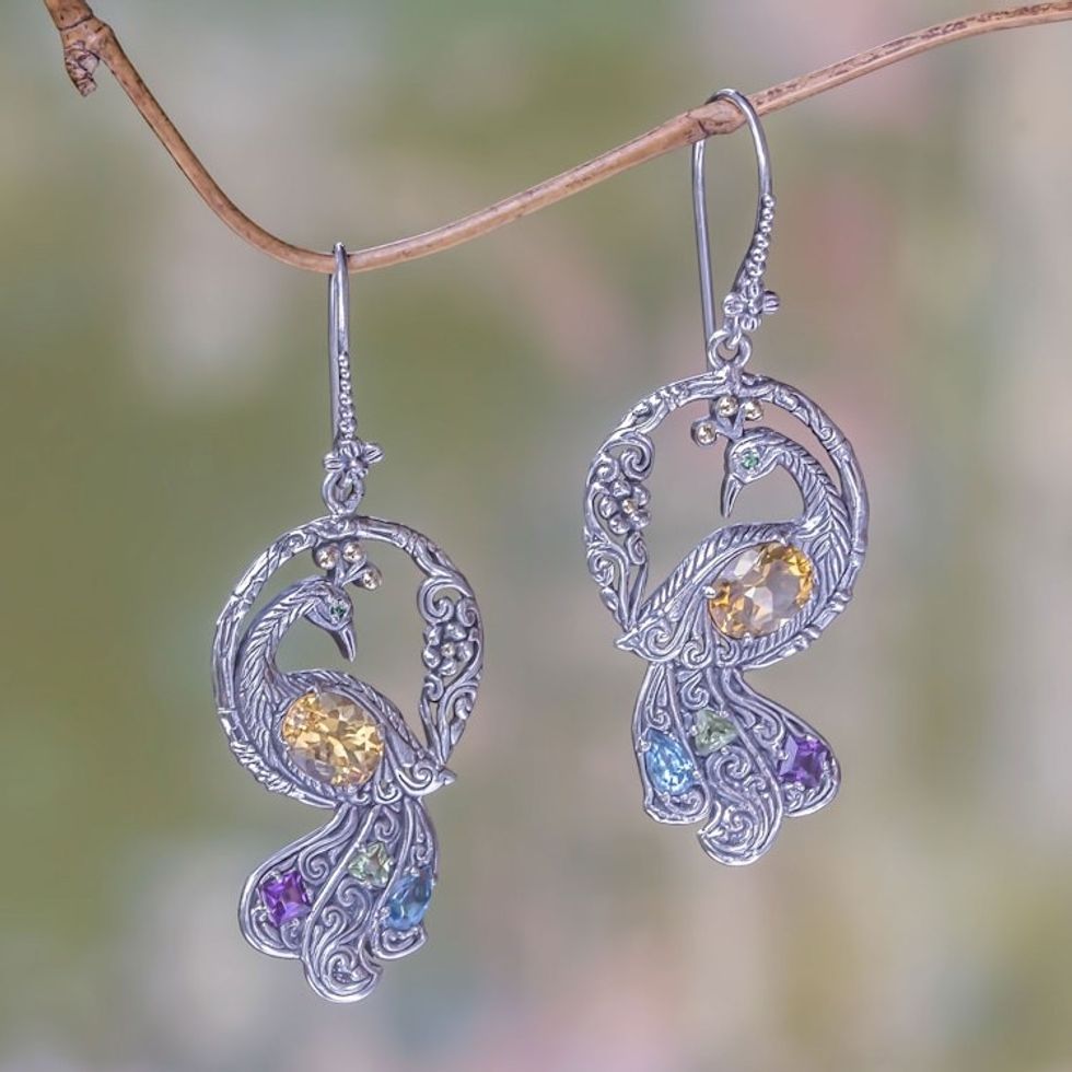 Multi-gemstone Gold Accented Silver Peacock Earrings 'Graceful Peacock'
