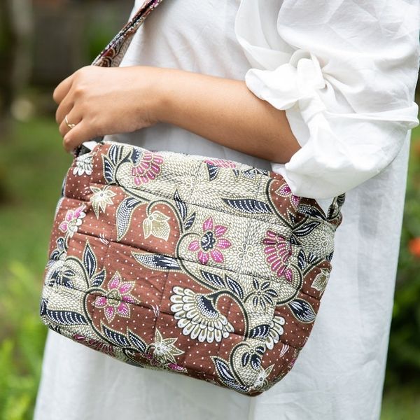 Alternate image for Handcrafted Cotton Sling with Floral Batik Pattern in Brown Jogjakarta Vibes
