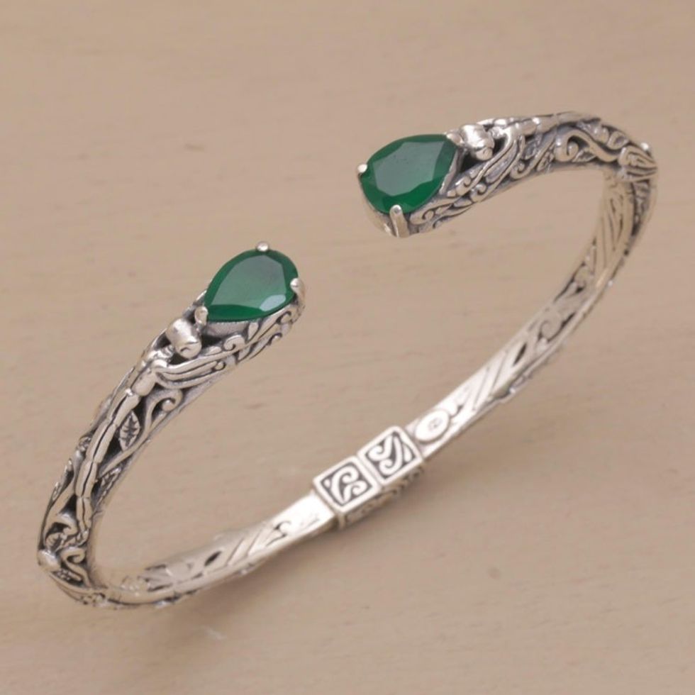 Balinese Green Quartz Sterling Silver Hinged Cuff Bracelet 'Looking for You'