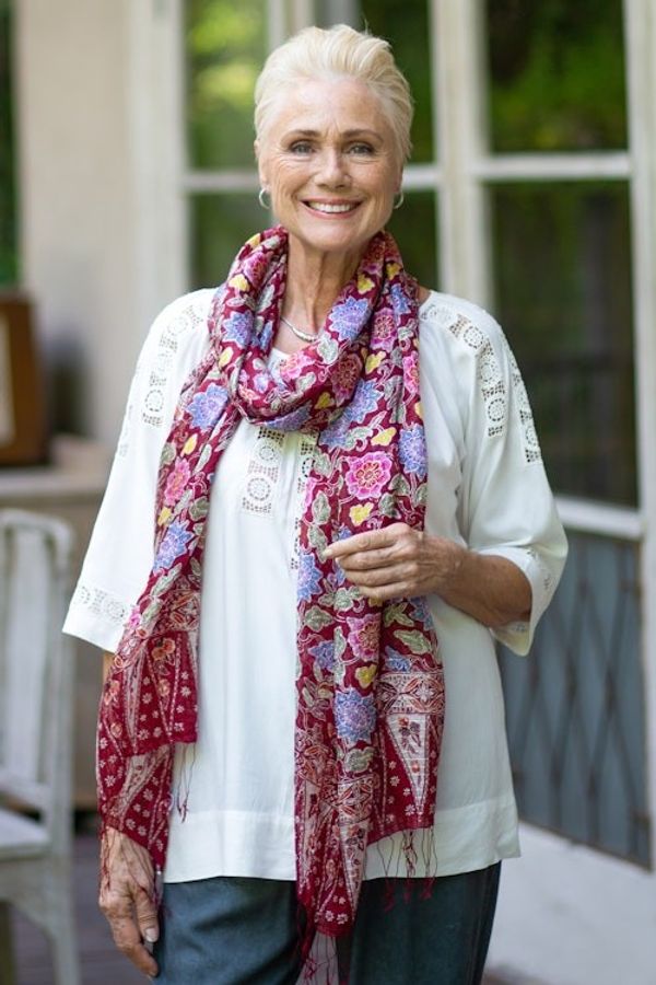 Alternate image for Artisan Crafted Batik Silk Shawl Wrap Wine Garden