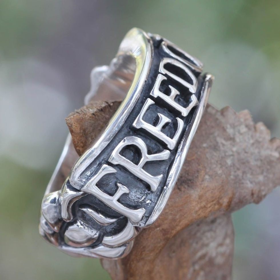 Men's Handcrafted Sterling Silver Band Ring 'Glorious Freedom'