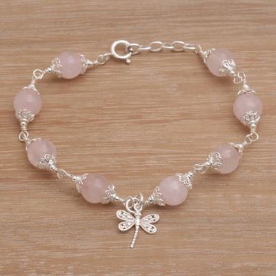 Main image for Rose Quartz Bead Charm Bracelet Sterling Silver Dragonfly Moonlight Dragonfly in Rose