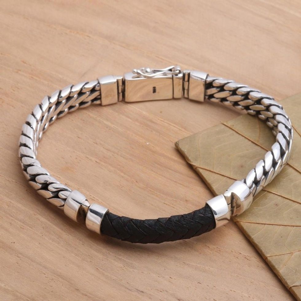 Polished Sterling Silver and Leather Men's Bracelet 'Bridge in Black'