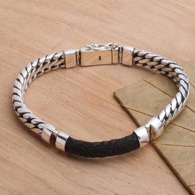 Alternate image for Polished Sterling Silver and Leather Mens Bracelet Bridge in Black