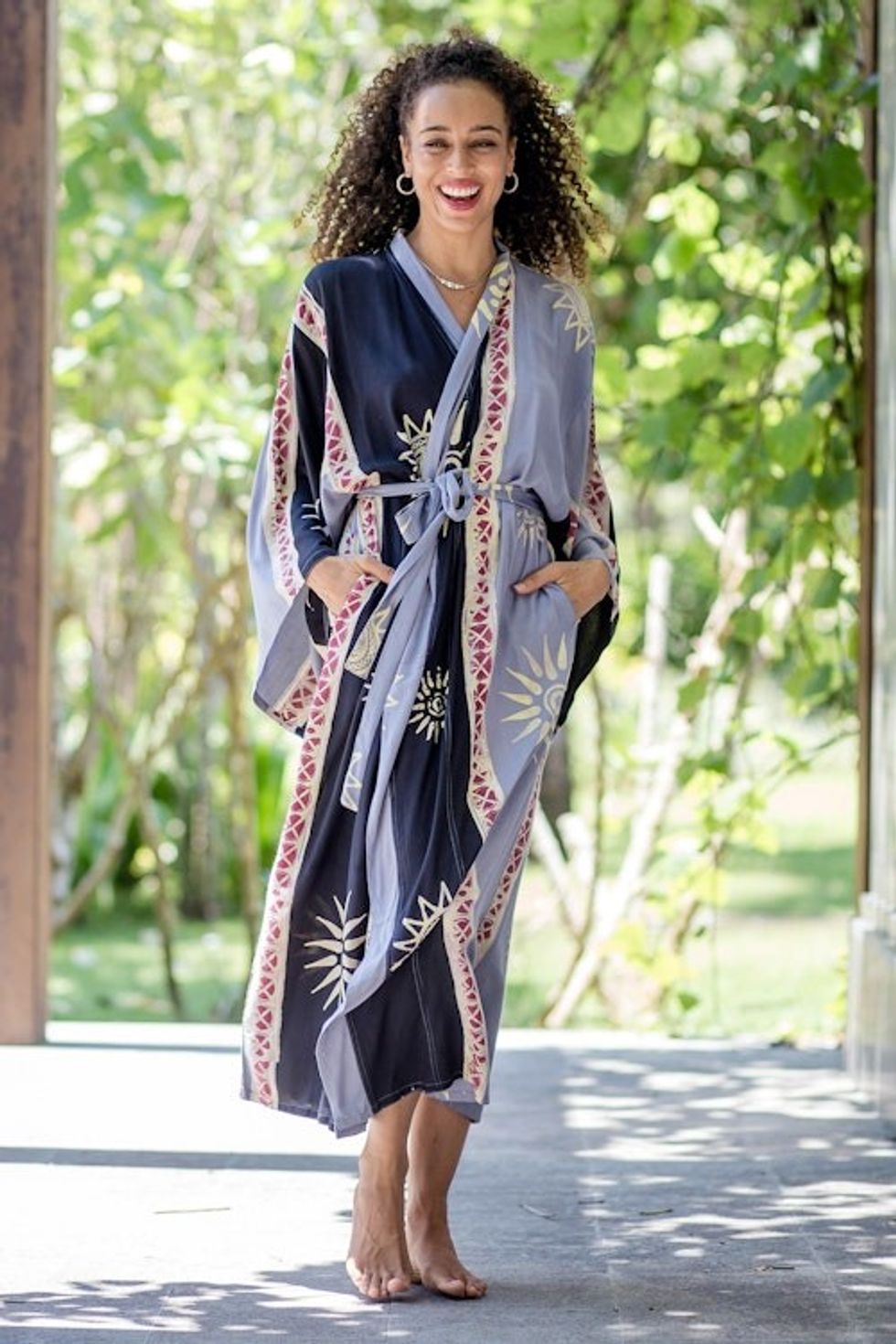 Belted Batik Rayon Robe from Bali 'Chakra Burst'