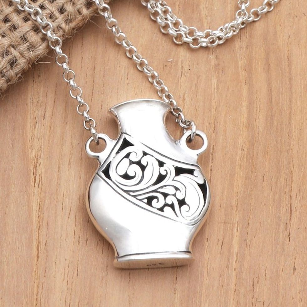 Unisex Sterling Silver Water Jug Pendant Necklace 'Amphora'