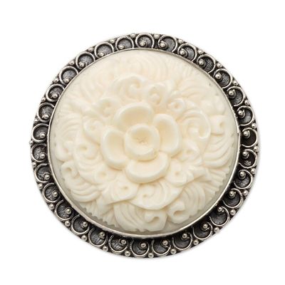 Alternate image for 925 Silver Brooch Pin and Pendant with Carved Flower Accent Classic Balinese