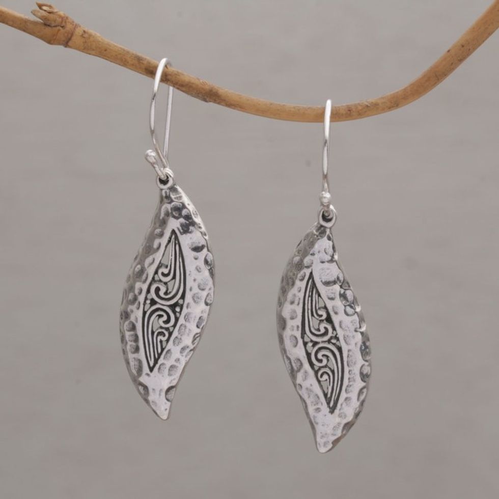 Hammered Sterling Silver Leaf Dangle Earrings from Bali 'Dewy Blades'