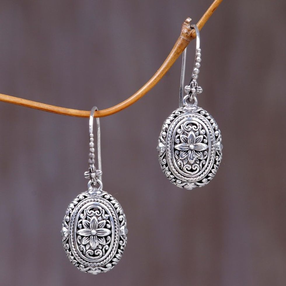 Indonesian Sterling Silver Dangle Earrings 'Pura Lotus'
