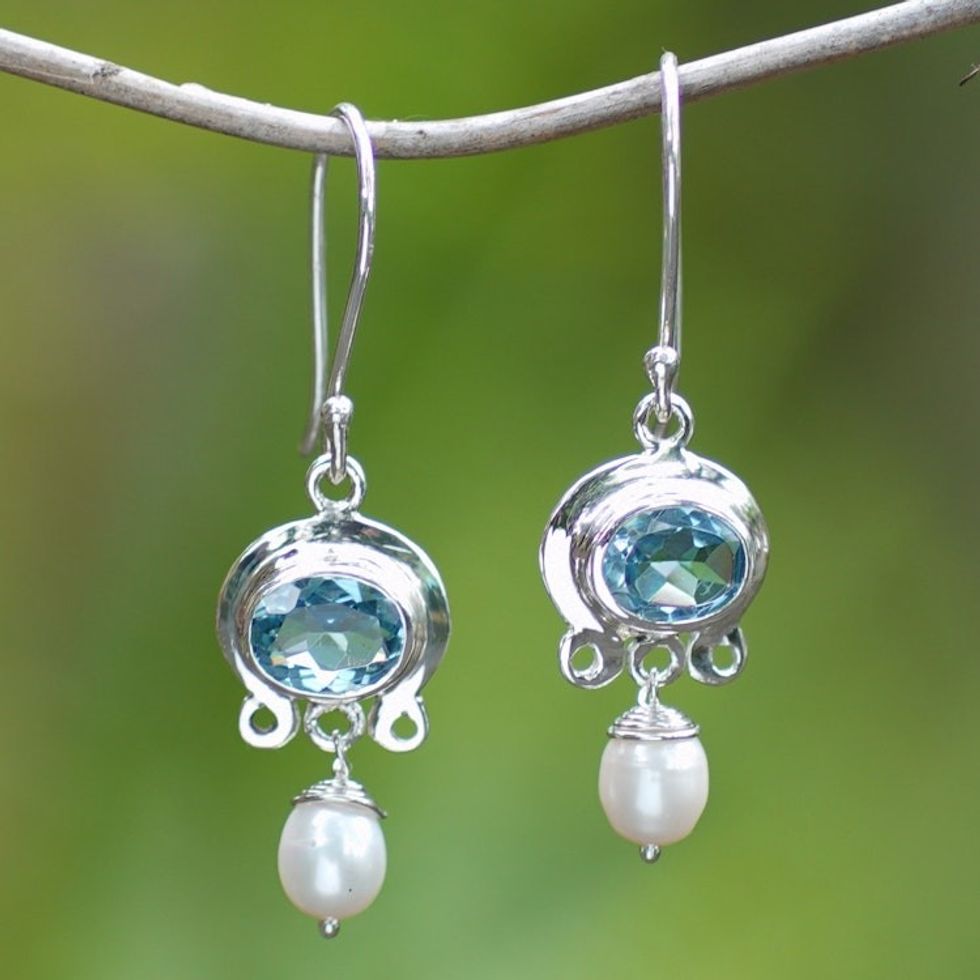 Blue Topaz and Pearl Silver Dangle Earrings 'Sky Fantasy'