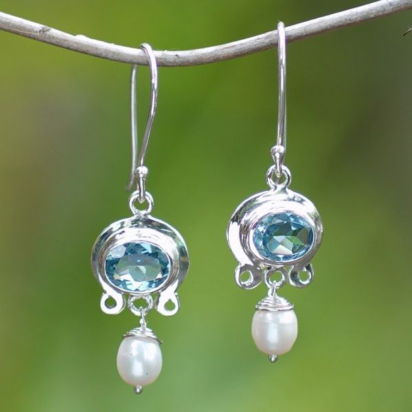 Alternate image for Blue Topaz and Pearl Silver Dangle Earrings Sky Fantasy