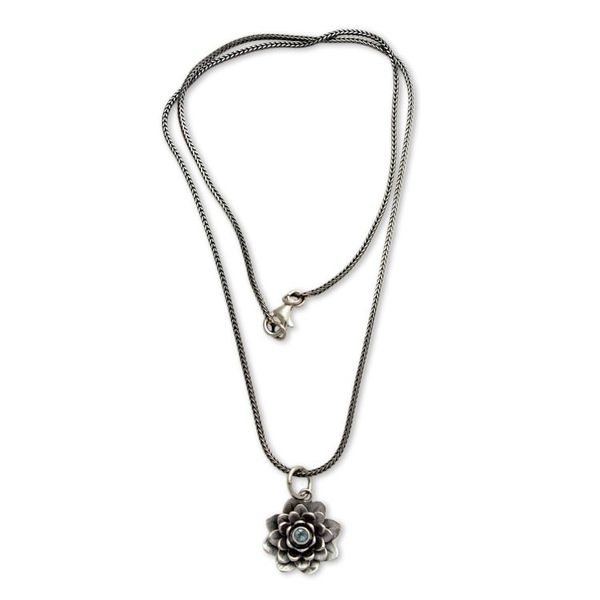 Alternate image for Blue Topaz and Sterling Silver Pendant Necklace Sacred Blue Lotus