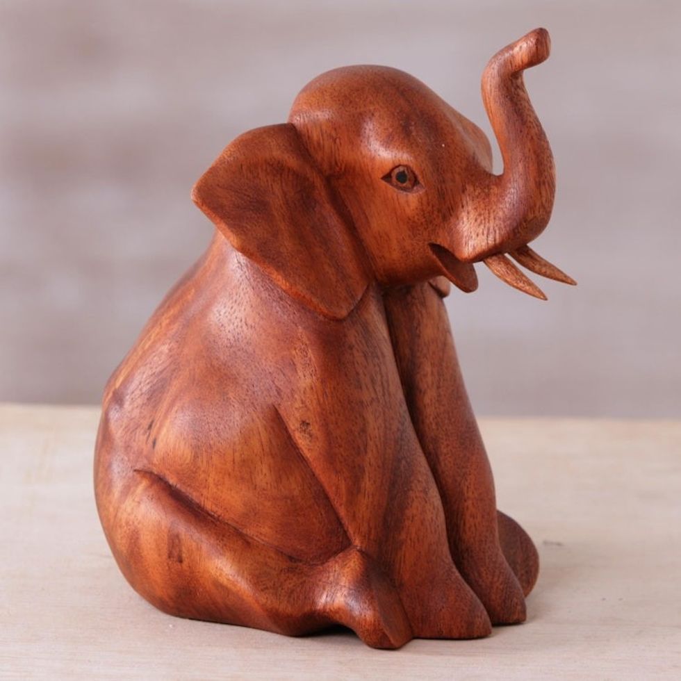 Hand Carved Suar Wood Baby Elephant Sculpture 'Elephant Child'