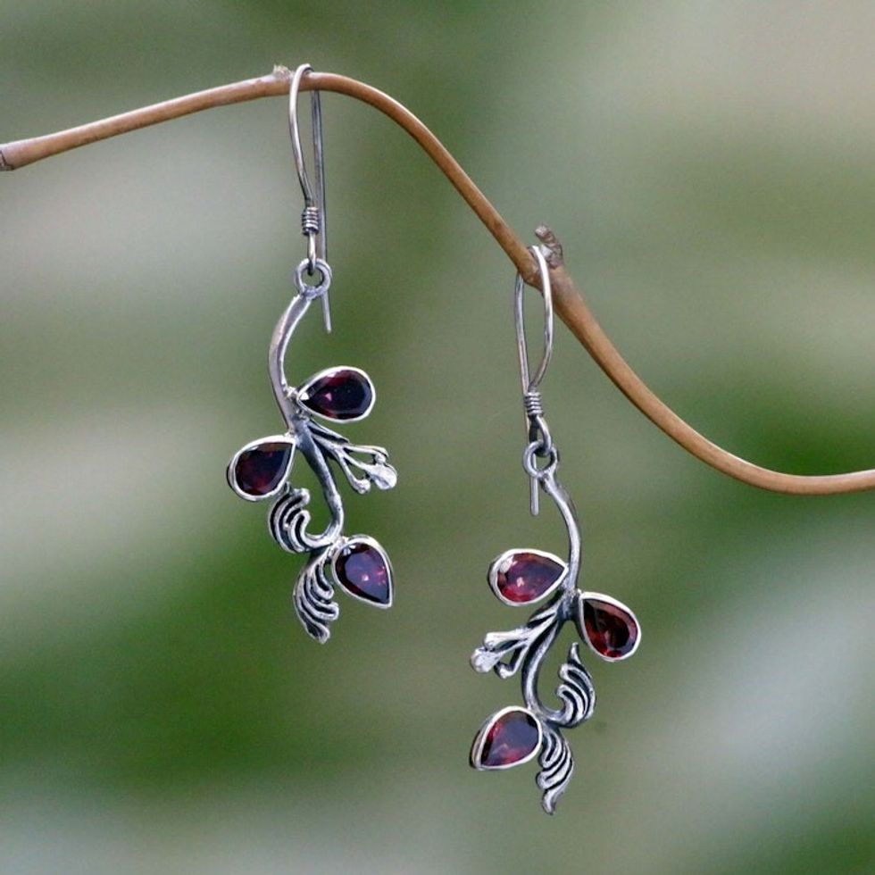 Hand Made Garnet and Sterling Silver Dangle Earrings 'Bali Belle'