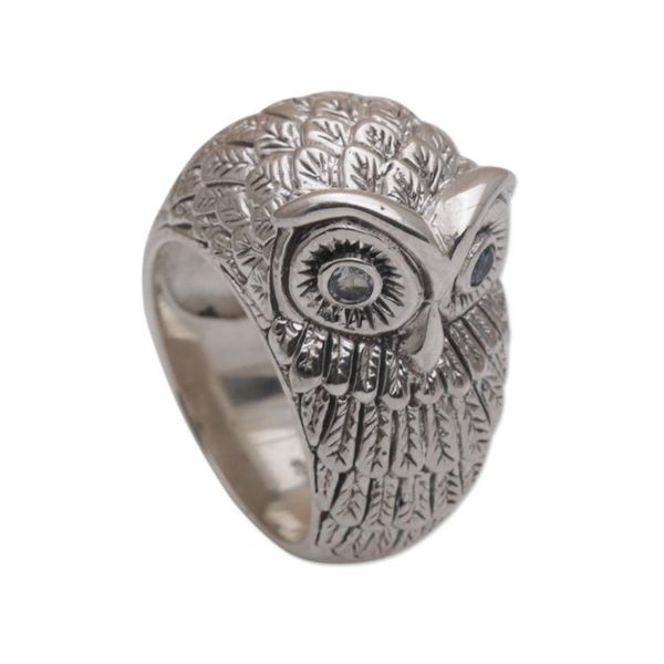 Alternate image for Bali Handmade Sterling Silver Owl Ring with Blue Topaz Eyes Gazing Owl