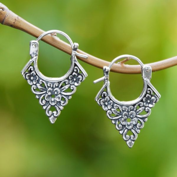 Alternate image for Floral Pointed Sterling Silver Hoop Earrings from Bali Floral Points