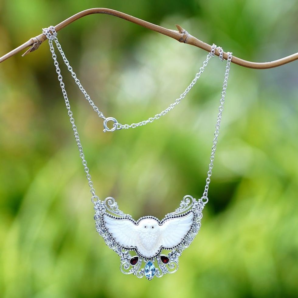 Owl-Themed Pendant Necklace with Garnet and Blue Topaz Gems 'Owl's Amulets'