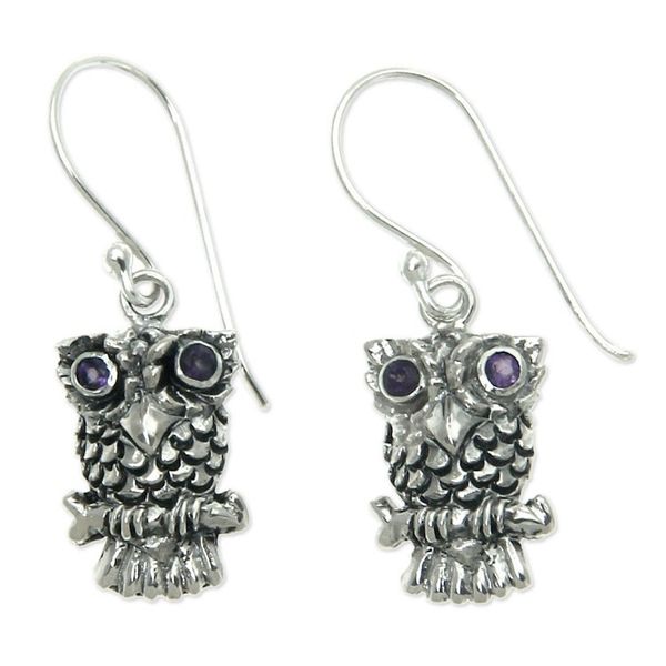 Alternate image for Sterling Silver and Amethyst Bird Earrings Baby Owl