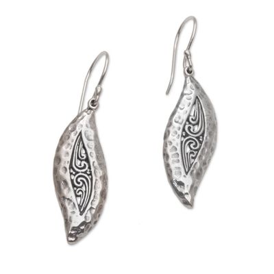 Alternate image for Hammered Sterling Silver Leaf Dangle Earrings from Bali Dewy Blades