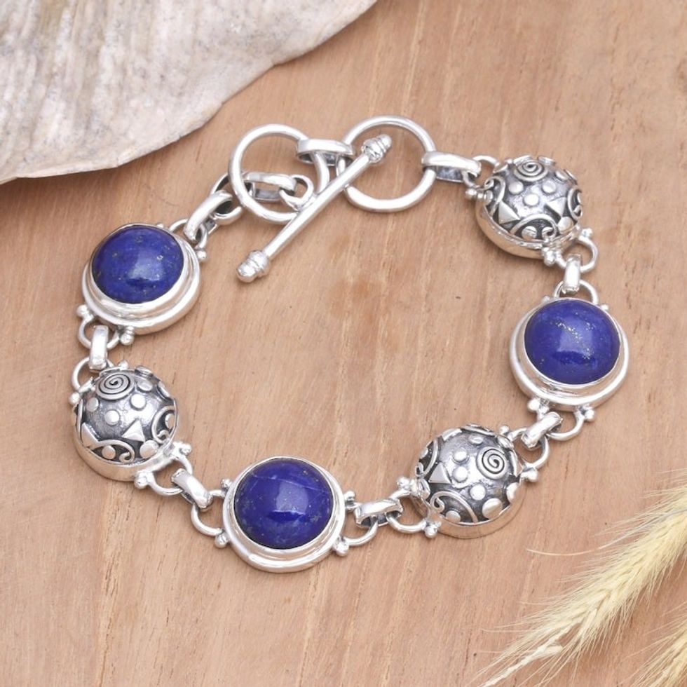 Lapis Lazuli Sterling Silver Link Bracelet 'Tortoise Shells'