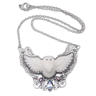 Alternate image for Owl-Themed Pendant Necklace with Garnet and Blue Topaz Gems Owls Amulets