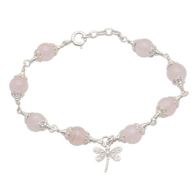 Alternate image for Rose Quartz Bead Charm Bracelet Sterling Silver Dragonfly Moonlight Dragonfly in Rose