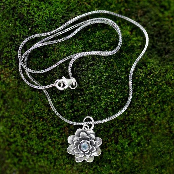 Alternate image for Blue Topaz and Sterling Silver Pendant Necklace Sacred Blue Lotus