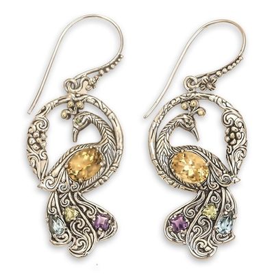 Alternate image for Multi-gemstone Gold Accented Silver Peacock Earrings Graceful Peacock