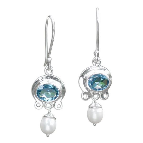 Alternate image for Blue Topaz and Pearl Silver Dangle Earrings Sky Fantasy