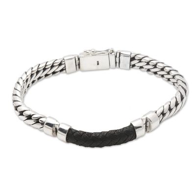 Alternate image for Polished Sterling Silver and Leather Mens Bracelet Bridge in Black