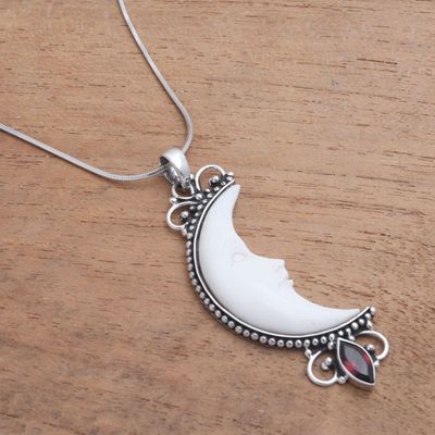 Alternate image for Garnet and Bone Crescent Moon Pendant Necklace from Bali Natural Moonlight