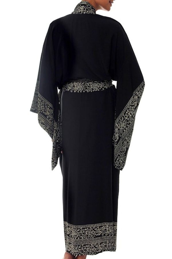 Alternate image for Indonesian Floral Patterned Black and Ivory Robe Batik Midnight