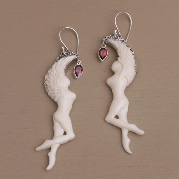 Alternate image for Garnet and Bone Angel Dangle Earrings from Bali Dancing Angels
