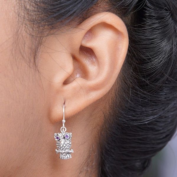 Alternate image for Sterling Silver and Amethyst Bird Earrings Baby Owl