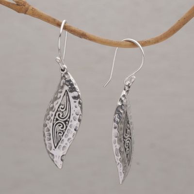 Alternate image for Hammered Sterling Silver Leaf Dangle Earrings from Bali Dewy Blades